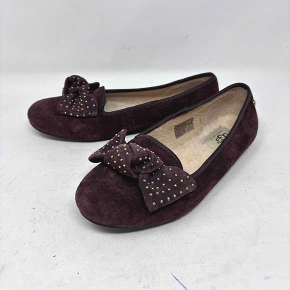 UGG Sherpa Ballet Flats Womens Size 6 Suede Studded Bow Brown Suede - Picture 10 of 10